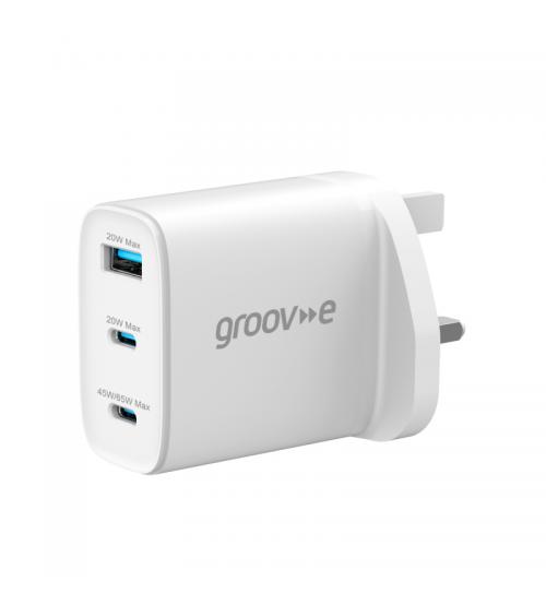 Groov-e GVMA109WE Dual USB-C & USB-A 65W GaN Wall Charger with Power Delivery - White