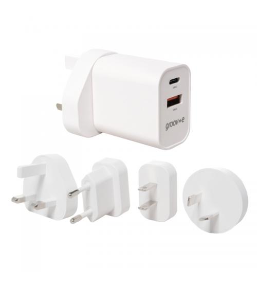 Groov-e GVMA113WE USB-C & USB-A Mains Charger 20W with Worldwide Travel Adaptors - White