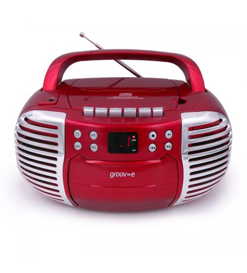 Groov-e GVPS813RD Retro Boombox Portable CD & Cassette Player with Radio - Red