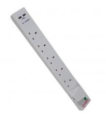 Omega 21296 13 Amp 2 Meter Extension 6 Way Socket with Twin USB Ports - White